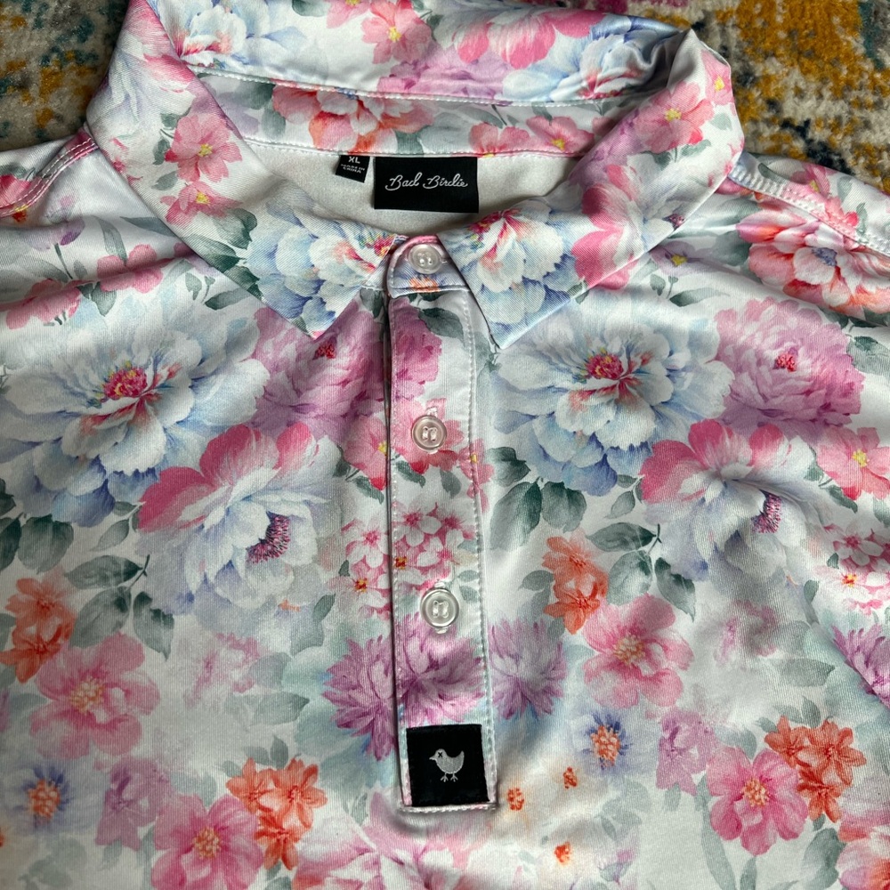 Bad Birdie Floral Polo Shirt - Pink and White - Picture 3 of 5